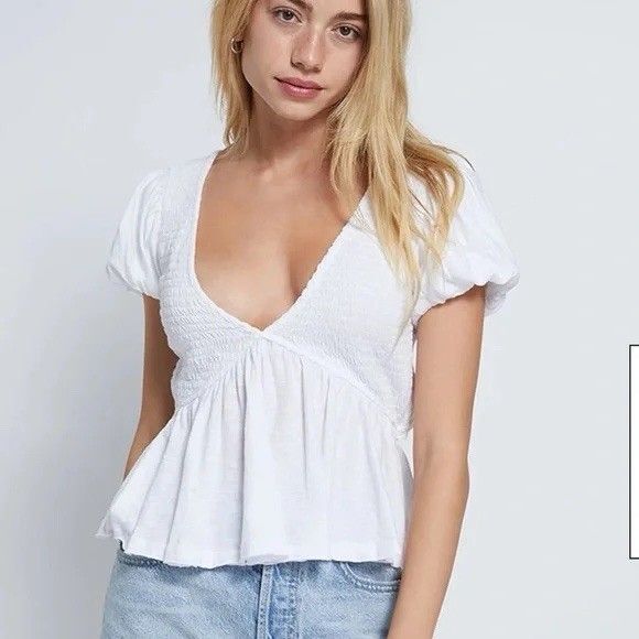 Free People Tops - Free People Women Shirt Large Baby Doll Deep V Neck Smocked Peplum Charlotte Top